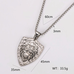 Men's stainless steel lion head shield pendant necklace with silver box chain specs