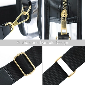 Clear PVC crossbody bag with black trim and gold metal hardware in a multi-angle view