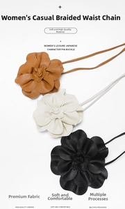 Detailed view of woven cowhide waist ropes with 3D leather flower accents in three colors