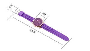 Detailed technical drawing of purple quartz watch with dimensions 4cm dial and 24cm strap