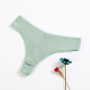 Light green ribbed cotton thong for women with a low waist and breathable fabric texture