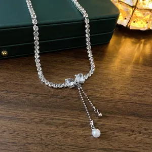 Bow Heart Pendant Necklace Copper With Zircon And Imitation Artificial Pearl Tassel Elegant Sweet Jewelry For Women