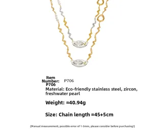 Marquise zircon pendant with freshwater pearls on textured stainless steel necklace