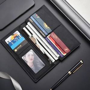 Men's minimalist black leather long wallet with multi-card slots and business pen on dark background