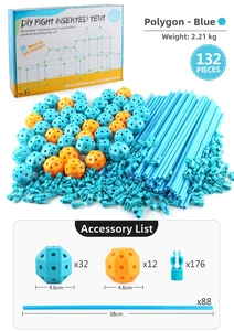 Detailed accessory list for DIY fort building kit with plastic rods and connection balls