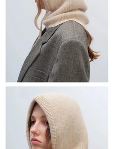 Close-up of beige knitted balaclava hood texture with grey suit jacket styling