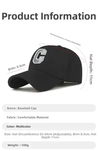 Detailed size chart for black baseball cap with adjustable strap and embroidered C logo