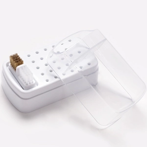 30-hole nail drill bit organizer and cleaning box with metal and nylon brushes