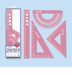 Detail view of a 4-piece pink aluminum alloy ruler set including protractor and triangles