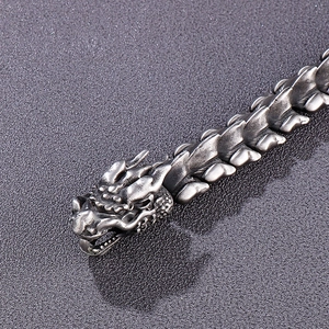 Macro shot of antique silver dragon head clasp and intricate steel scale links
