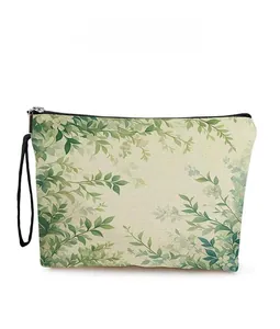 Detail of leaf pattern texture and durable black metal zipper on travel cosmetic bag
