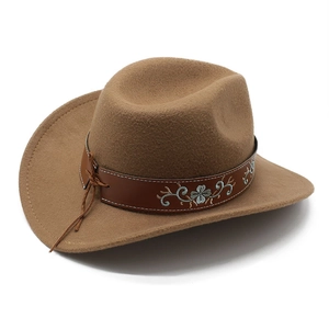Detail of khaki wool felt cowboy hat with embroidered floral leather band and side drawstring