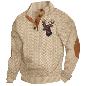 Men's beige knit sweater with stand collar, leather patches, and deer print design