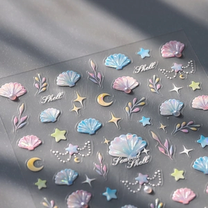 Embossed Relief Nail Art Stickers Iridescent Shell Starfish Ocean Theme Sweet Style Self Adhesive Decoration For Women