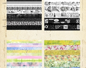 Detailed grid of vintage washi tapes in various widths from 0.5cm to 7.5cm for journaling