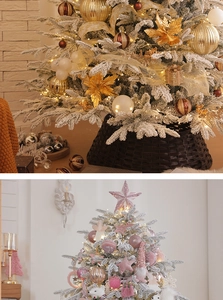 Detail of luxury pink and gold Christmas trees with ornaments and warm LED lights