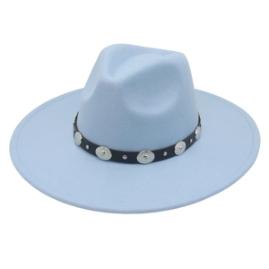 Light blue wide brim felt jazz hat with a black leather band and silver metal buckle