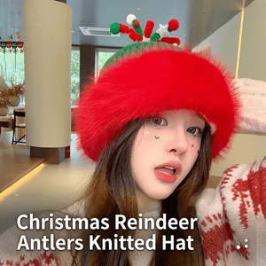 Cute Christmas reindeer antler red knit hat with plush lining for winter warmth