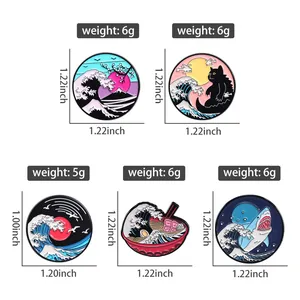 Detailed size and weight specs for wave enamel pins featuring cats and sharks