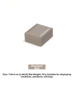 Gray brushed PU pendant jewelry box detail with dimensions 7x8x4cm and 90g weight