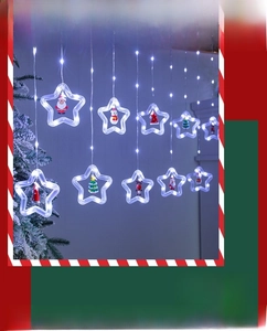 Detail of warm white LED Christmas curtain lights featuring festive cartoon figurines in star rings