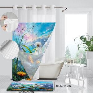 Detail of waterproof shower curtain and non-slip bath mat with blue dandelion print