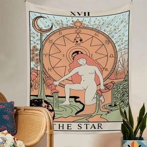 Detail des Tarot-Wandteppichs Der Stern mit Sternzeichen und Himmelselementen an weißer Wand