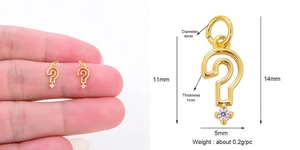 Detailed size specifications for gold micro-paved question mark pendant showing 14mm length
