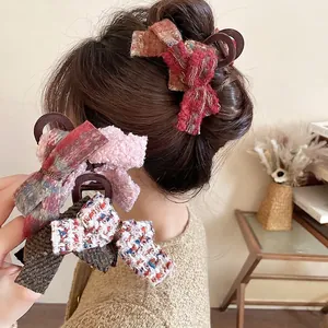 Tweed Bow Hair Claw Clip Retro Elegant Fabric Acrylic Winter Headwear Hair Accessory For Women
