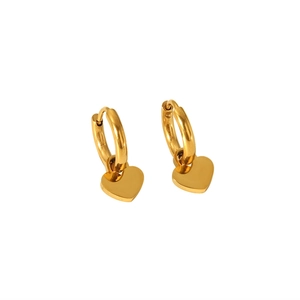Detail of 18k gold plated heart pendant earrings showing the polished metallic luster