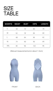 Detailed size guide table for women activewear romper showing bust waist and hips measurements