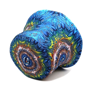 Top view detail of bucket hat with psychedelic blue fractal pattern and logo