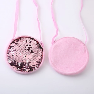Front and back detail of pink round kids crossbody bag with shiny sequins and soft plush