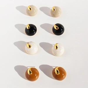 Minimalist round enamel stud earrings set in beige, black, pearl white and caramel brown