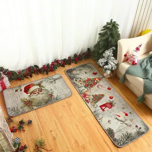 Macro detail of Christmas rug set featuring vintage Santa and snowman on wood floor