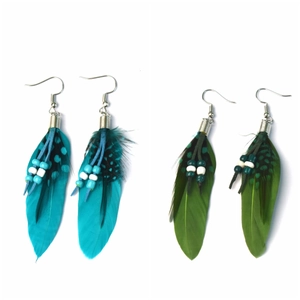 Bohemian long feather drop earrings with colorful beads in lake blue and green colors