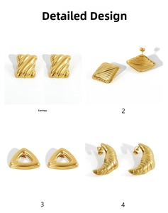 Detailed views of four 18K gold-plated geometric stud earrings in diverse metal textures