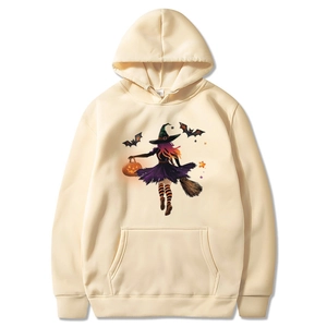 Halloween cream hoodie with pumpkin and witch graphic print on clean white background