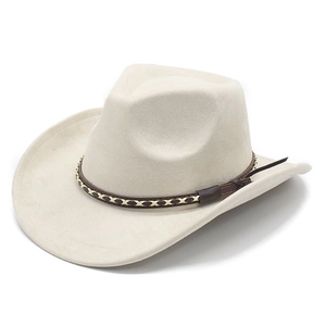 Detail of suede cowboy hat featuring dark brown decorative leather band with cross stitching