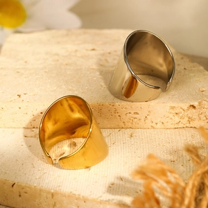 Polished 14k gold and silver stainless steel open wide rings on minimalist stone