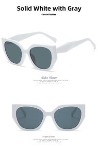 Detailed views of solid white cat-eye glasses frames with dark gray lenses