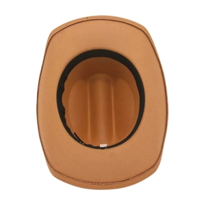 Detail view of the brown felt cowboy hat interior with sweatband and stitched brim