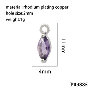 Macro view of purple marquise zircon pendant in rhodium-plated copper for DIY jewelry
