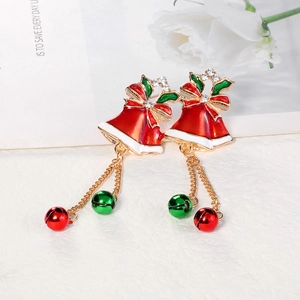 Christmas bell brooch featuring red enamel and gold alloy with sparkling rhinestones
