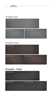 Waterproof PU leather kitchen mats shown in grey, brown, and black with size dimensions