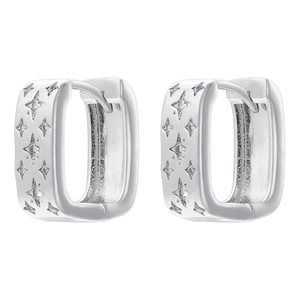 Detail of silver rectangle hoop earrings with star engravings and cubic zirconia