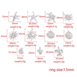 Detailed size and weight specs for silver starfish, turtle, and shell metal pendants
