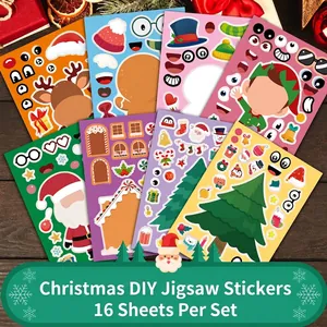 16-sheet set of Christmas DIY puzzle stickers featuring Santa and Reindeer designs