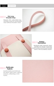 Detail of pink PU leather bag featuring adjustable strap, button flap, and fine texture