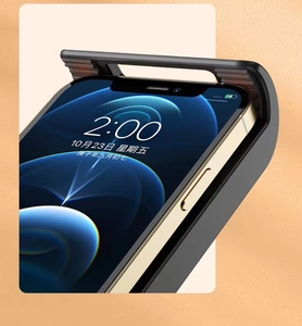 Close-up of a black protective phone case with a reinforced semi-enclosed frame design